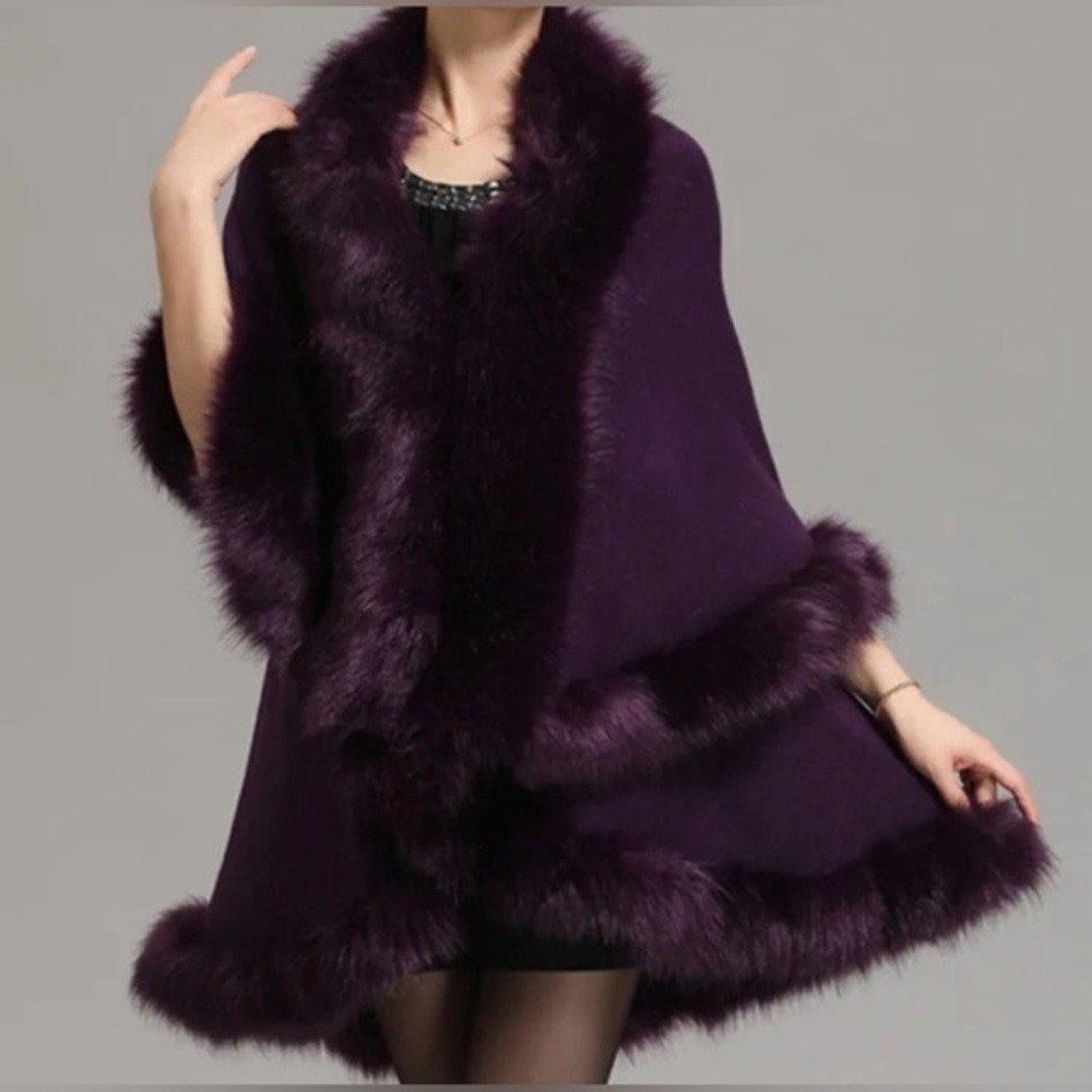 Deep Purple Faux Fox Fur Trim Cape Shawl Wrap Poncho One Size Elegant Winter